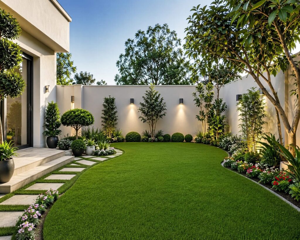 Aménagement de jardin moderne avec plantes et éclairage mural